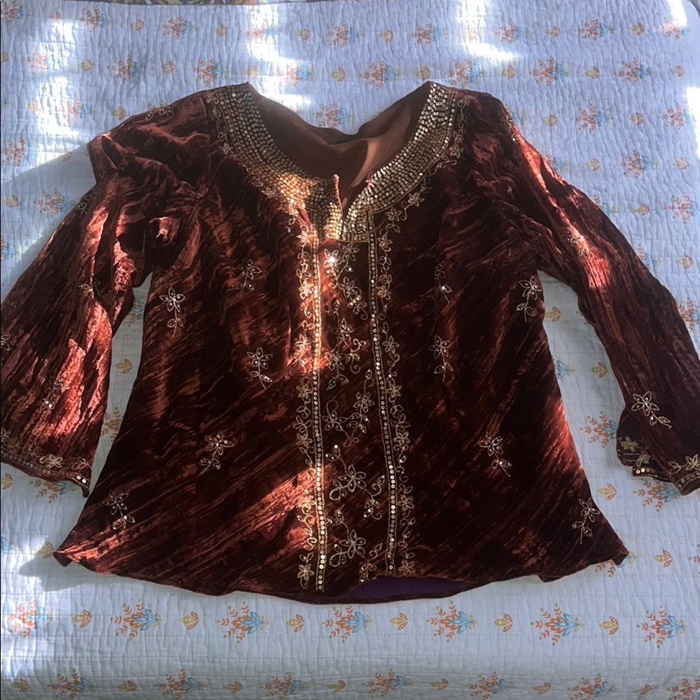 Red Embellished 3/4 Sleeve Blouse with Mandarin Collar